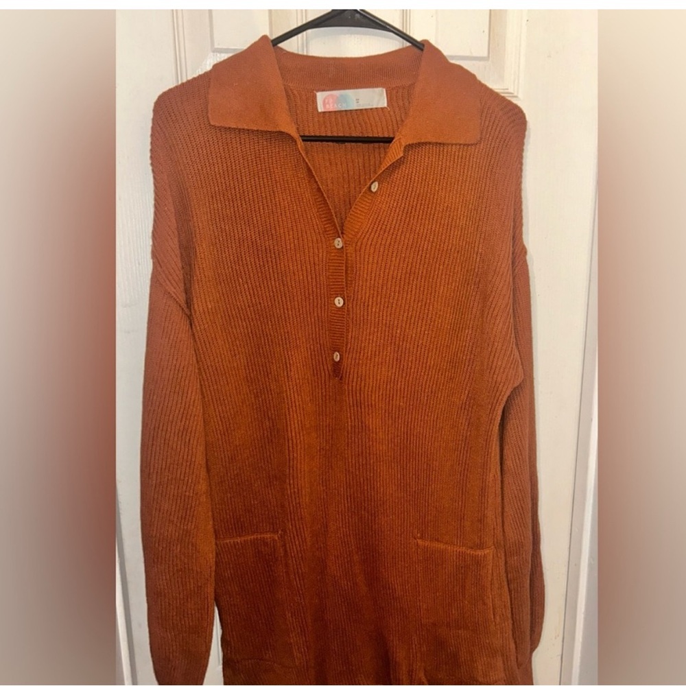 Free People Burnt Orange Ribbed Collared Jumpsuit